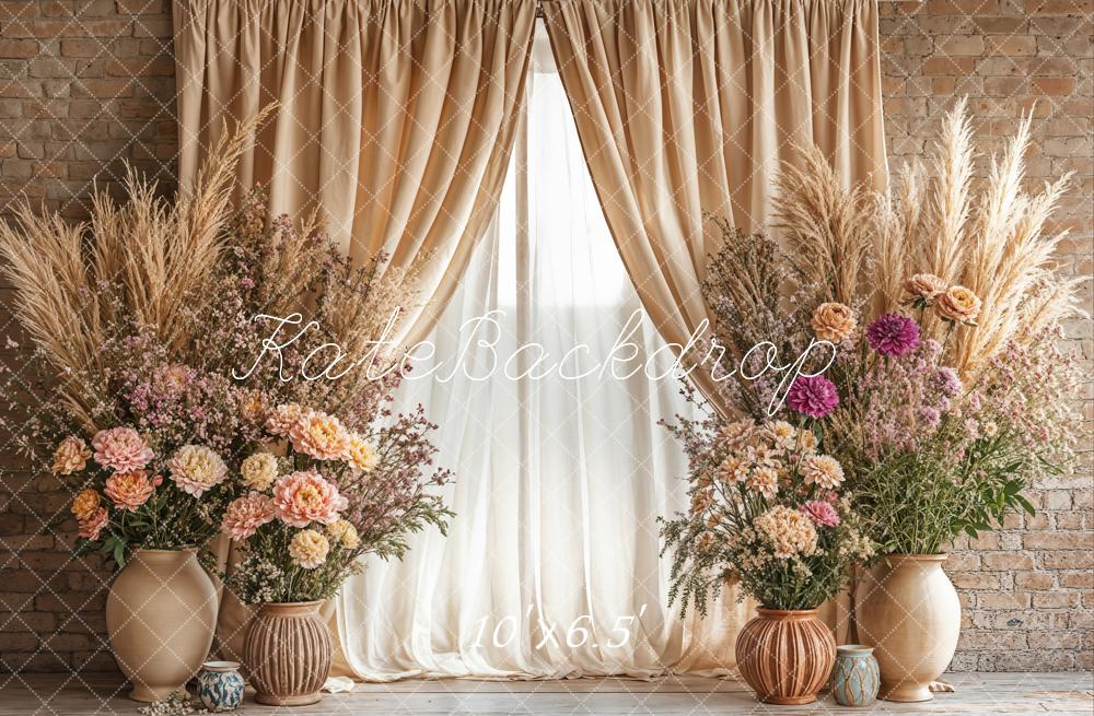 Kate Boho Pampes Floral Vase Beige Curtain Backdrop Designed by Emetselch
