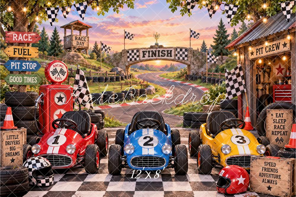 Kate Cake Smash Race Car Pit Stop Checkered Flags Printed Backdrop Designed by Laura Bybee