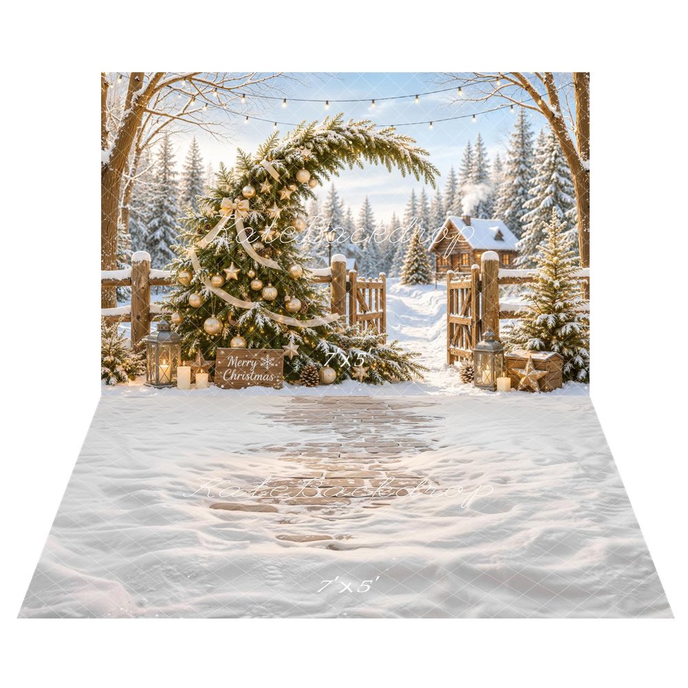 Kate Christmas Fantasy Snowy Tree Whimsical Gold Ornaments Cabin Gate Printed Backdrop+Winter Snow Covered Cobblestone Path Printed Backdrop
