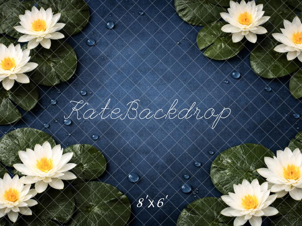 Kate Newborn White Water Lilies Lily Pads Blue Water Backdrop Designed by Megan Leigh Photography