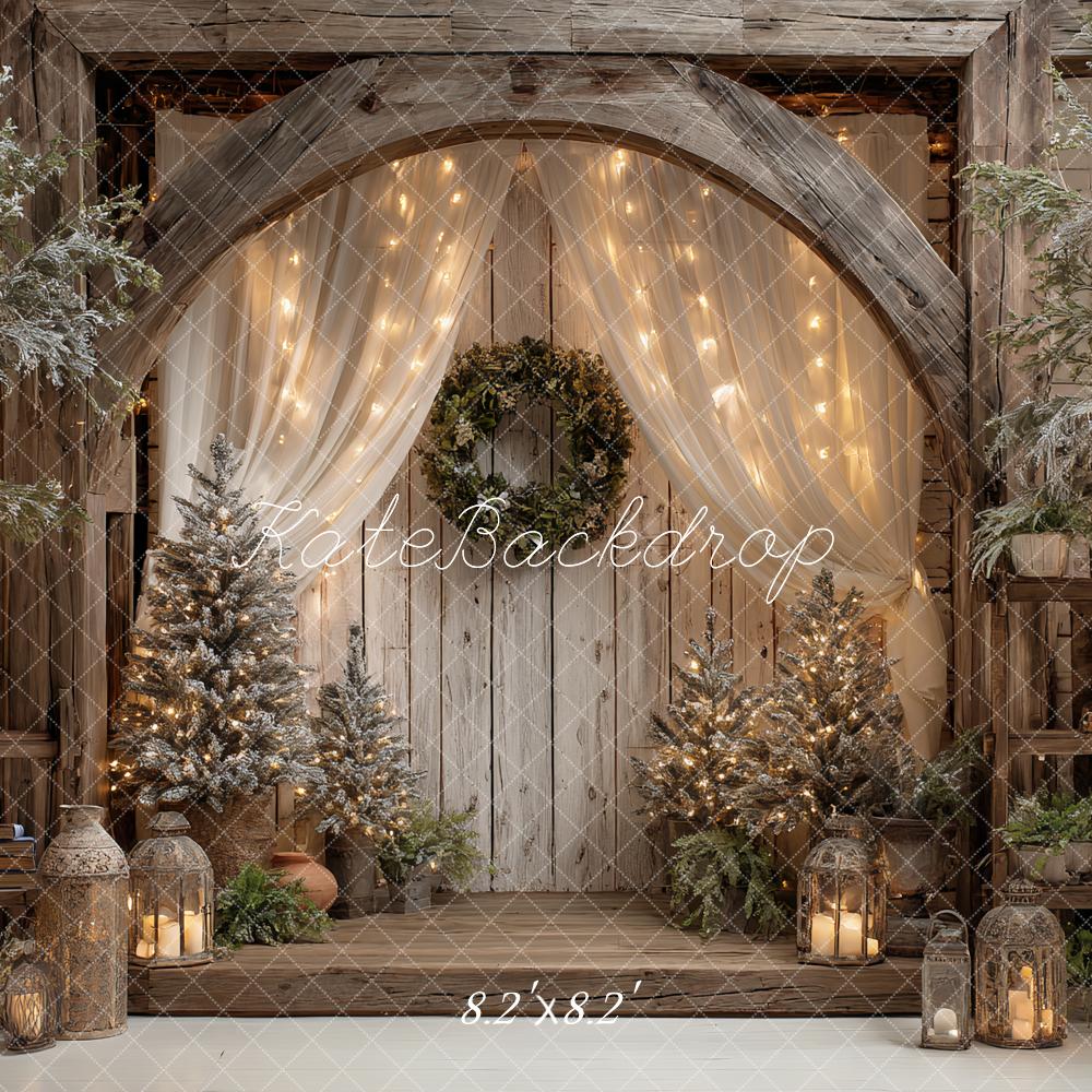 Kate Christmas Rustic Wood Arch Wreath String Lights Lanterns Trees Backdrop Designed by Ashley Paul