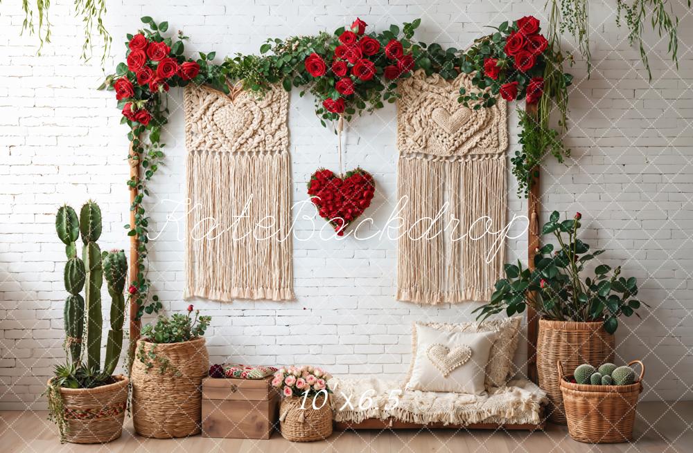 Kate Valentines Boho Macrame Heart Red Roses Greenery White Wall Backdrop Designed by Emetselch