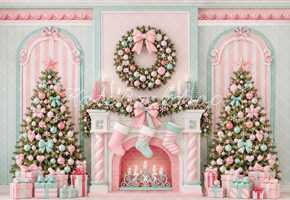 Kate Christmas Pastel Candy Cane Fireplace Wreath Trees Printed Backdrop Designed by Emetselch
