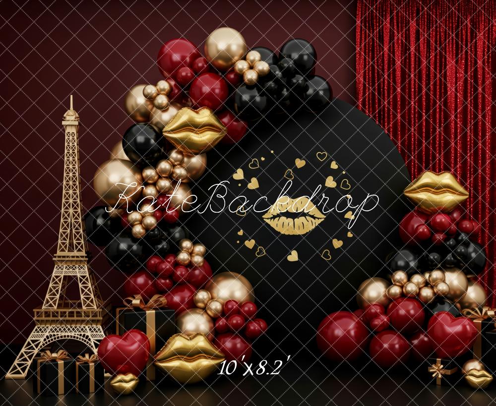 Kate Valentine's Day Eiffel Tower Lips Balloons Hearts Red Curtain Printed Backdrop Designed by Patty Roberts