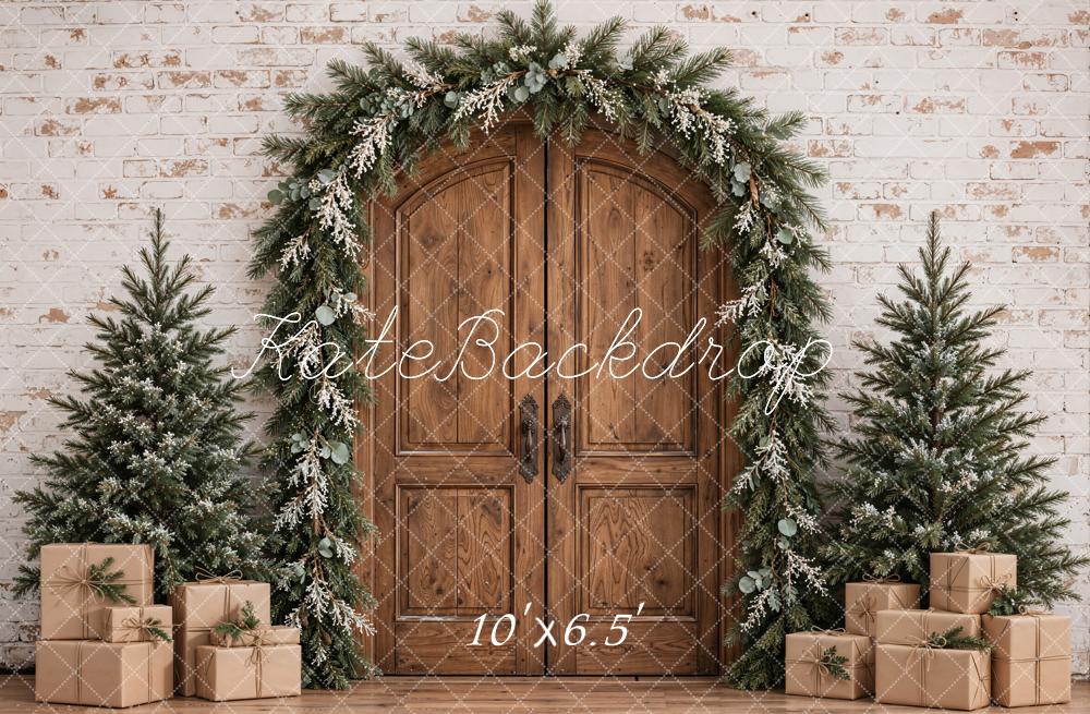 Kate Christmas Rustic Wood Arched Door Garland Trees Gifts Printed Backdrop Designed by Emetselch