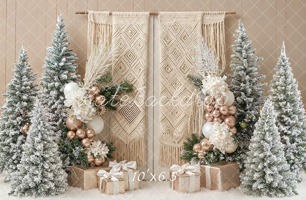 Kate Christmas Boho Macrame Frosted Trees Gift Boxes Backdrop Designed by Emetselch
