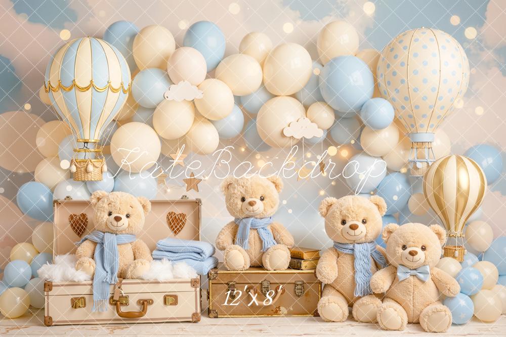 Kate Cake Smash Hot Air Balloon Teddy Bear Balloon Arch Blue Backdrop Designed by Chain Photography