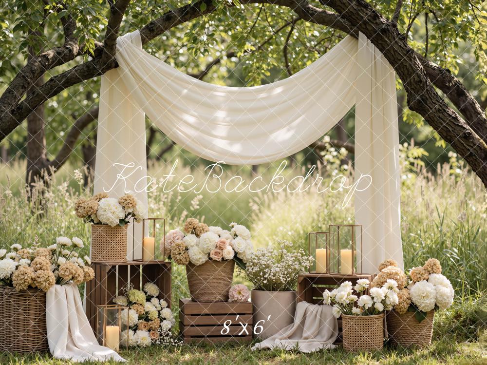Kate Flower Arch Cream Drapes Rustic Baskets Printed Backdrop Designed by Mini MakeBelieve