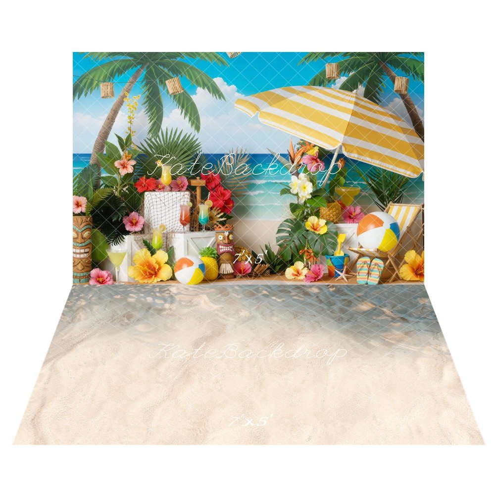 Kate Summer Beach Palm Trees Tropical Flowers Umbrella Backdrop+Summer Blue Sea Beach Wave Sand Floor Backdrop