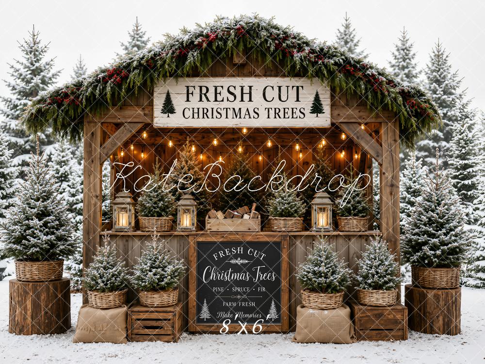 Kate Christmas Trees Wooden Booth Snowy Printed Backdrop Designed by Emetselch