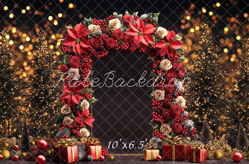 Cajas de regalo de Poinsettia de Navidad Arch Luces de árbol Fondo