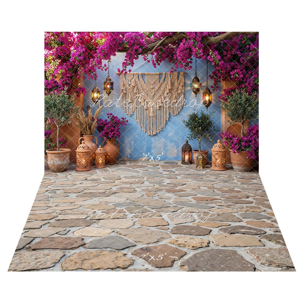Kate Boho Macrame Pink Flower Arch Lanterns Terracotta Pots Blue Wall Backdrop+Cobblestone Floor Backdrop