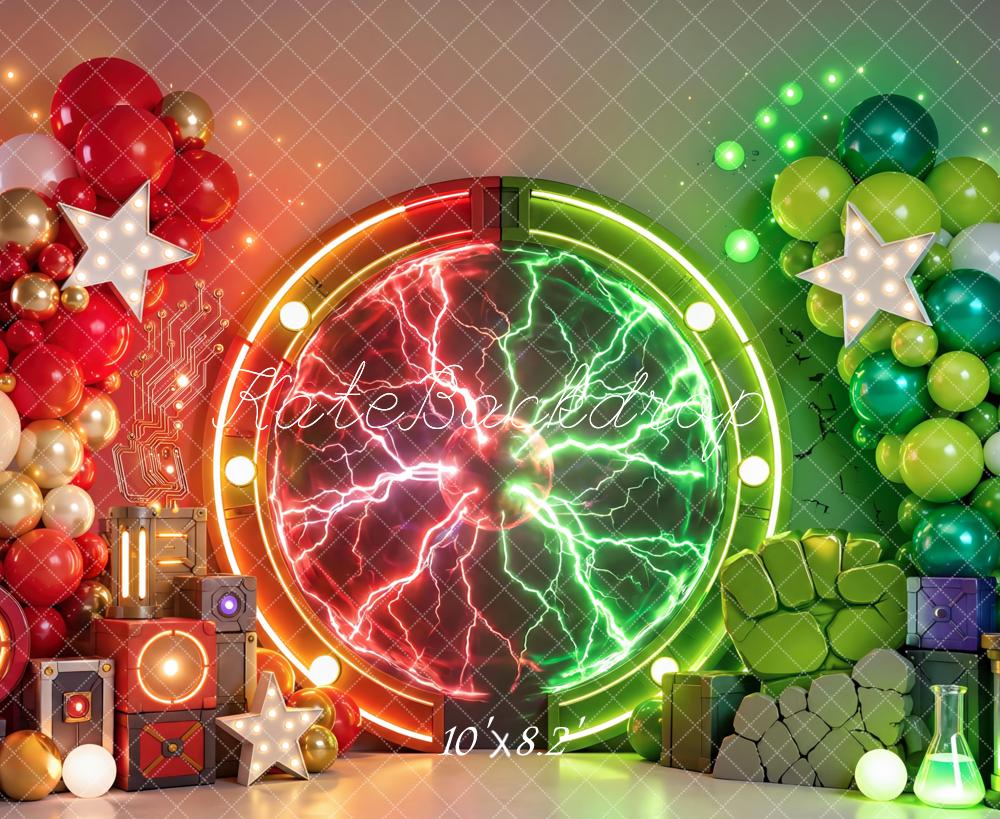 Kate Cake Smash Superhero Portal Electric Balloons Science Printed Backdrop Designed by Mini MakeBelieve