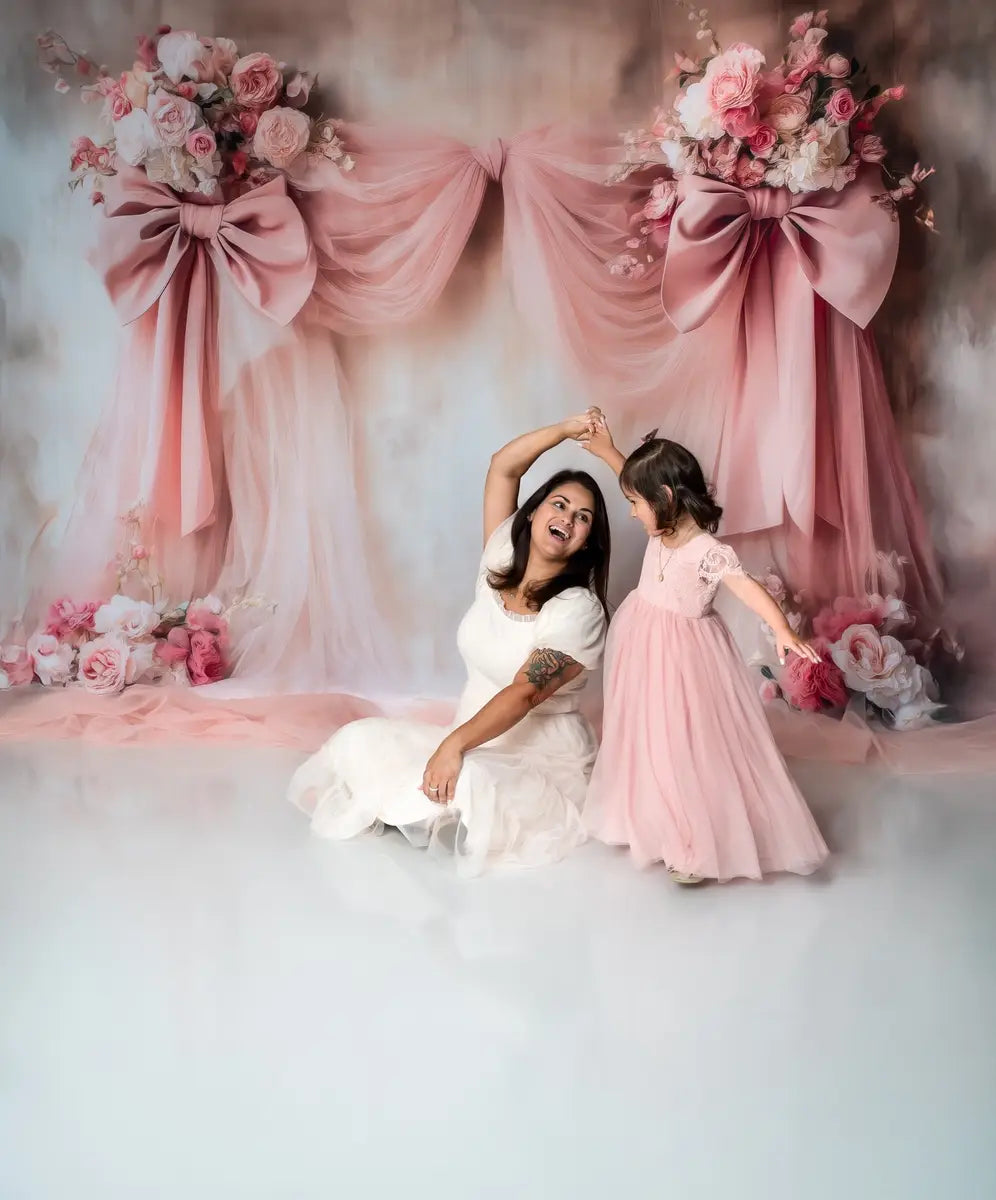 Kate Floral Pink Bow Drapes Vintage Wall Backdrop Designed by Patty Roberts