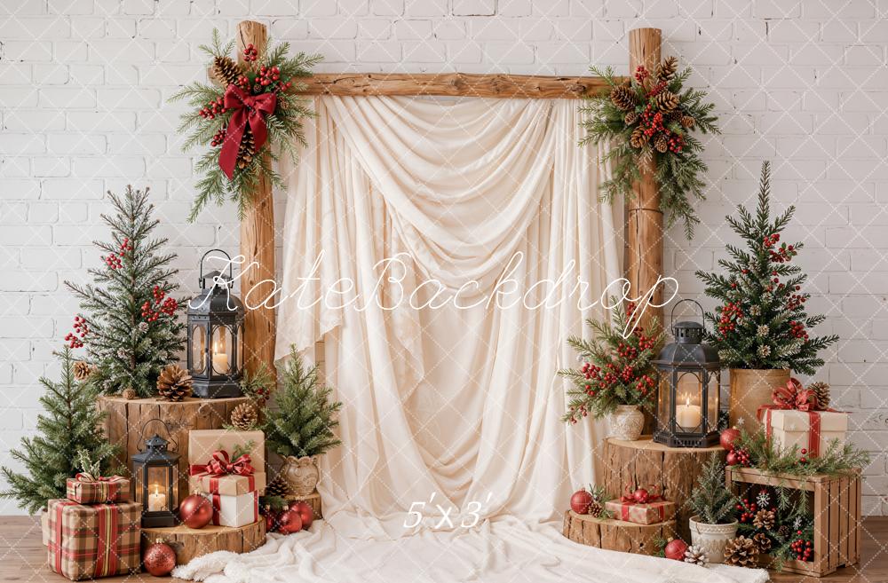 Kate Christmas Wood Arch Pine Trees White Drapes Lanterns Presents Printed Backdrop Designed by Emetselch