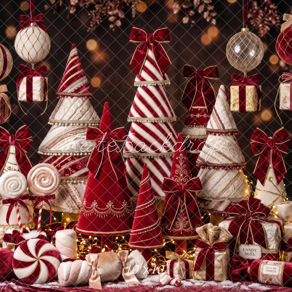 Kate Christmas Candy Cane Trees Red Velvet Ornaments Gifts Printed Backdrop Designed by Patty Roberts