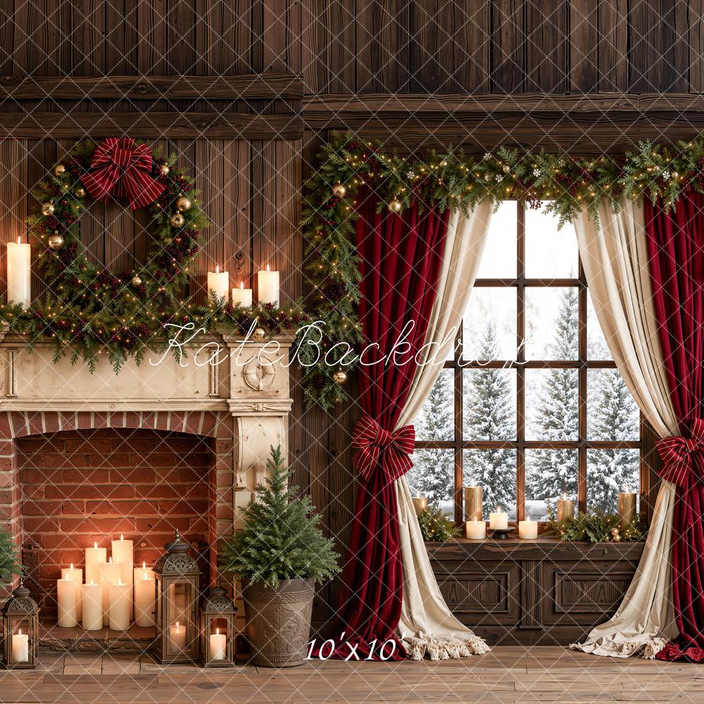 Kate Christmas Fireplace Candles Window Garland Red Curtains Printed Backdrop Designed by Emetselch