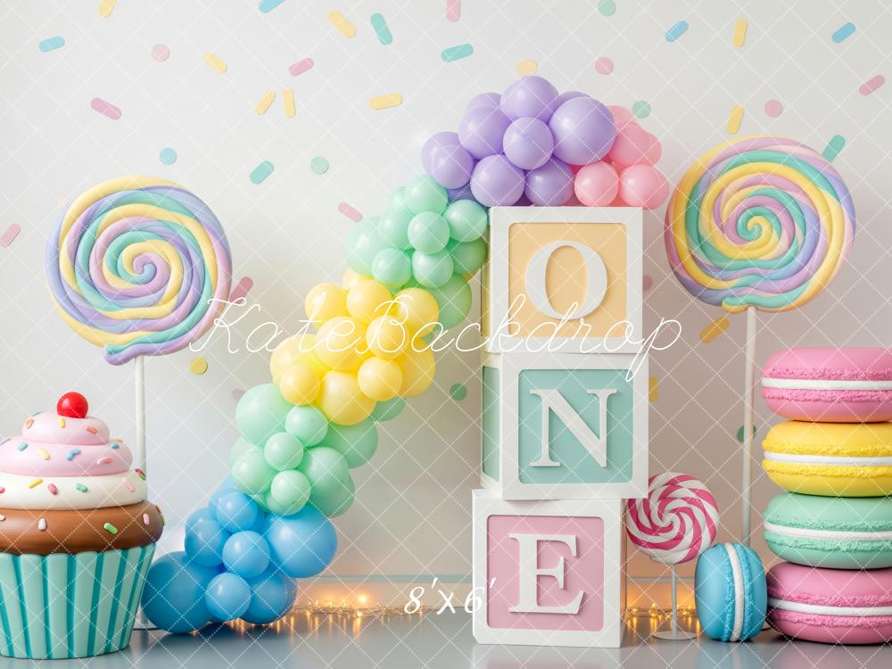 Kate Cake Smash Pastel Balloons Lollipop Macaron Cupcake One Blocks Backdrop Designed by Patty Roberts