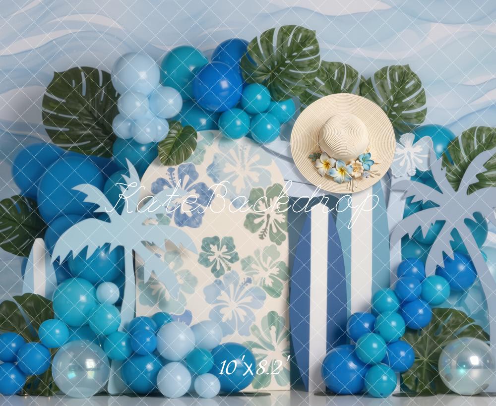 Kate Summer Palm Leaves Blue Balloons Straw Hat Printed Backdrop Designed by Emetselch
