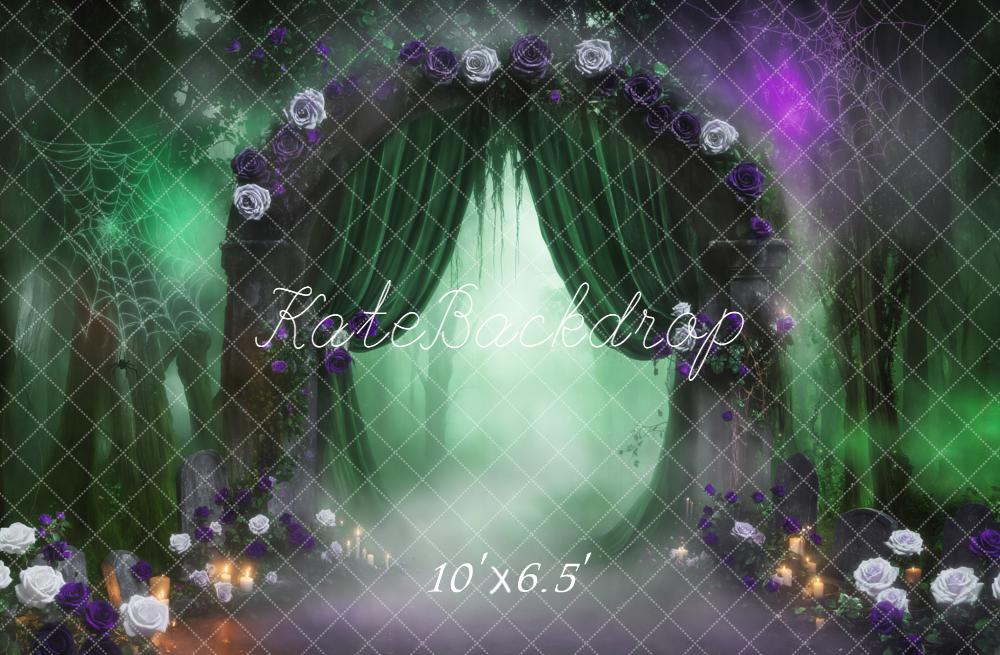 Kate Halloween Gothic Misty Forest Arch Green Curtains Spiderweb Backdrop Designed by Emetselch
