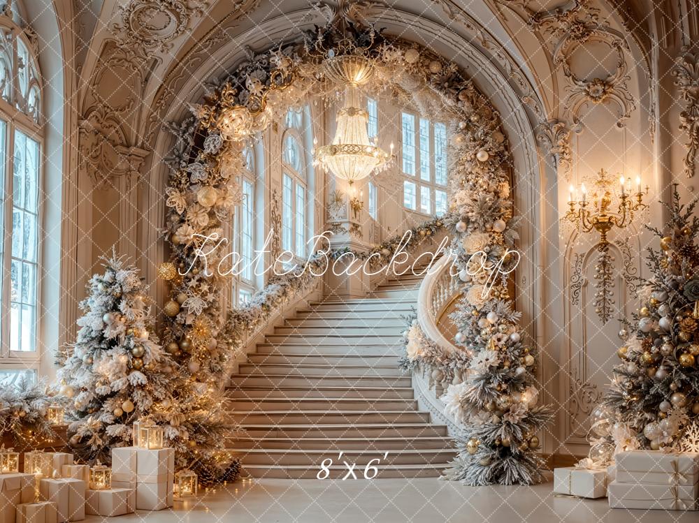 Kate Christmas Cascading Stairs Flower Arch White Gold Backdrop Designed by Emetselch