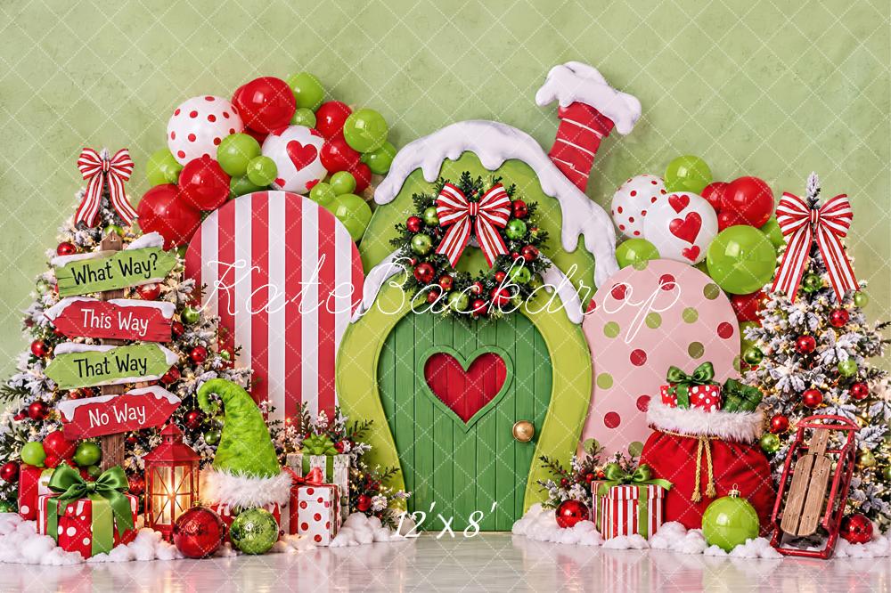 Kate Christmas Cake Smash Green Elf Door Candy Cane House Printed Backdrop Designed by Laura Bybee