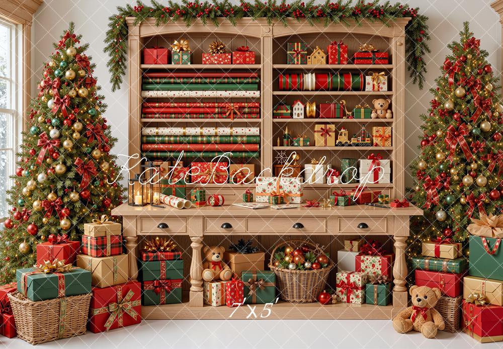 Kate Christmas Gift Wrapping Cabinet Presents Trees Printed Backdrop Designed by Shutter Swan Studios