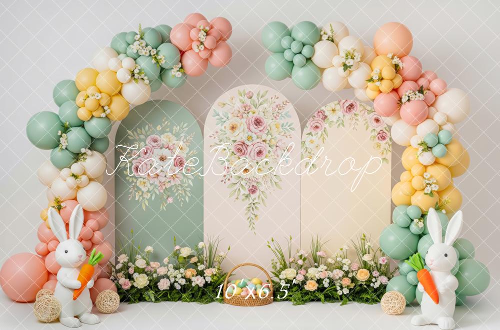 Kate Easter Bunny Flower Arch Pastel Balloons Printed Backdrop Designed by Patty Roberts