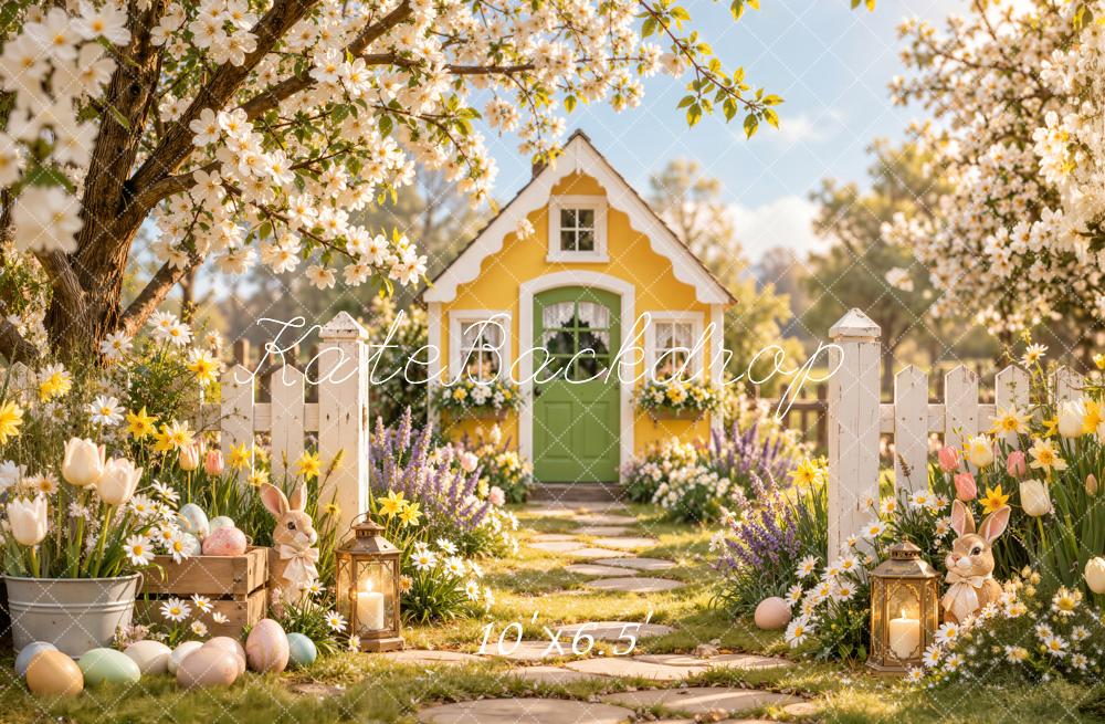 Kate Easter Yellow Cottage Garden Cherry Blossoms Bunny Printed Backdrop Designed by Emetselch
