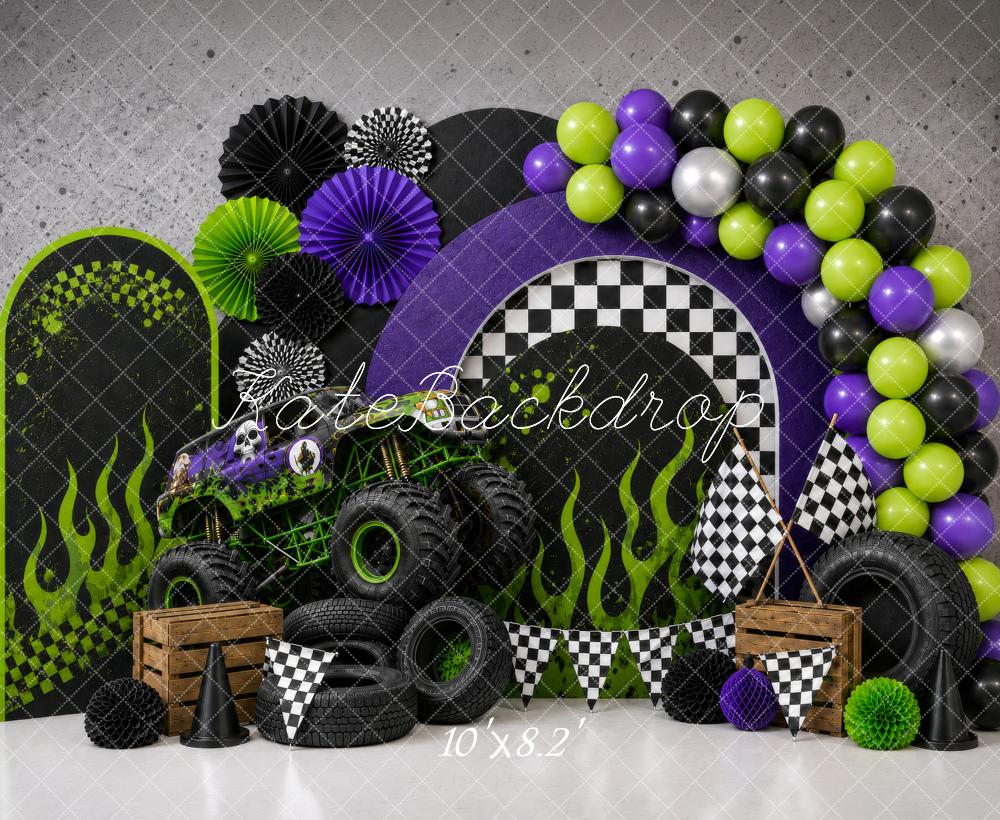 Kate Cake Smash Monster Truck Checkered Pattern Green Flames Balloons Printed Backdrop Designed by Shutter Swan Studios