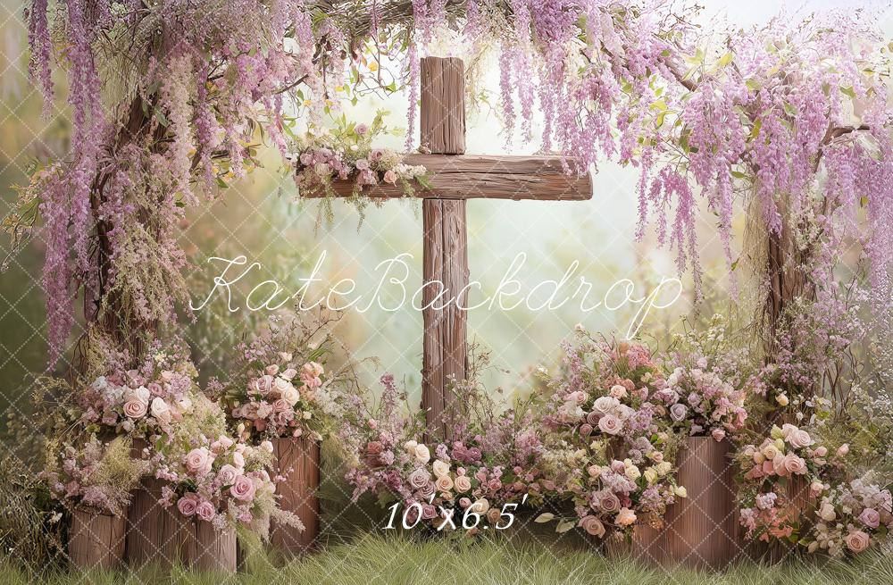 Kate Spring Wooden Cross Wisteria Flower Arch Printed Backdrop Designed by Angela Miller
