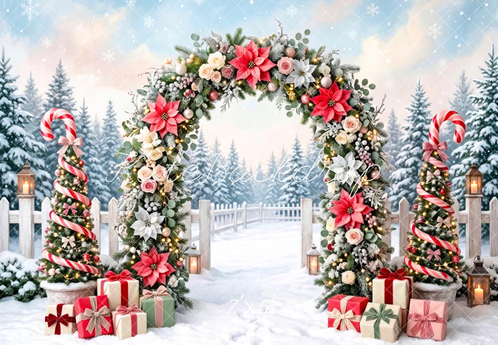 Kate Christmas Candy Cane Floral Arch Gifts Snow Printed Backdrop Designed by Patty Roberts