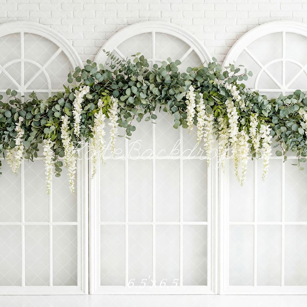 Kate Spring Flower Arch White Brick Windows Printed Backdrop Designed by Patty Roberts