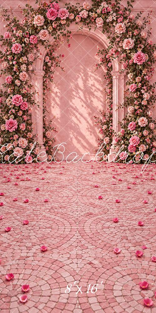 Kate Sweep Wedding Pink Flower Arch Cobblestone Floor Printed Backdrop Designed by Vertigo Productions