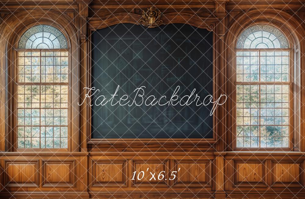 Pizarra de Madera para Regreso a Clases con Ventanas Arqueadas Fondo Diseñado por Emetselch
