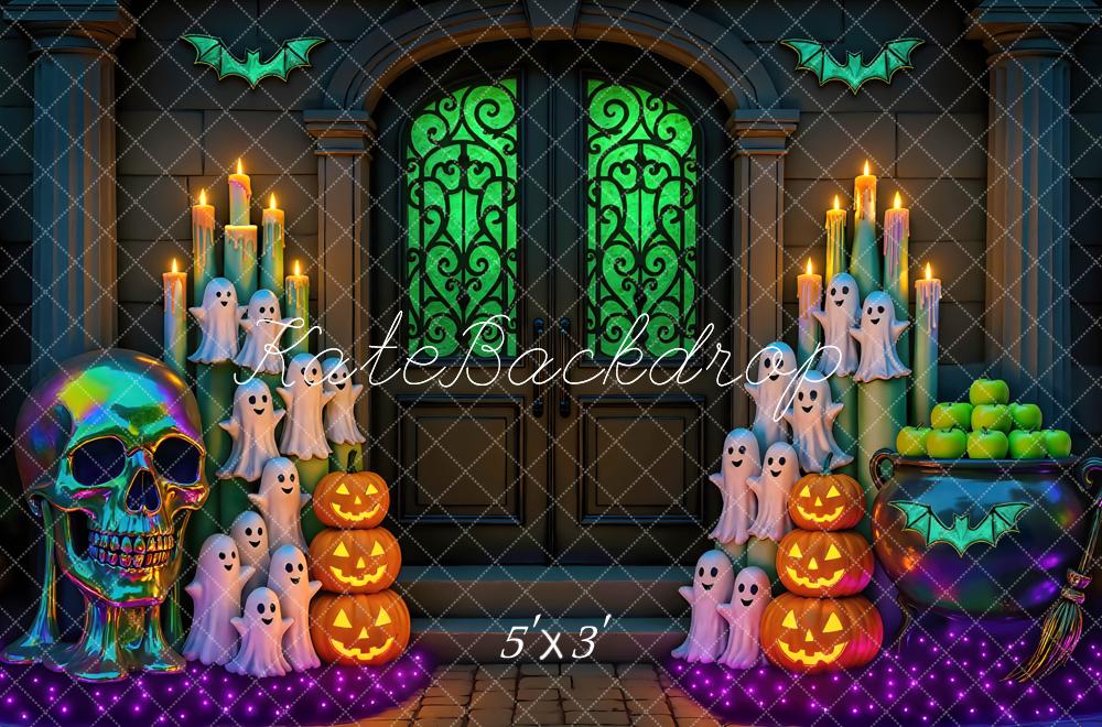 Kate Halloween Door Neon Ghosts Pumpkins Candles Skull Green Printed Backdrop Designed by Mini MakeBelieve