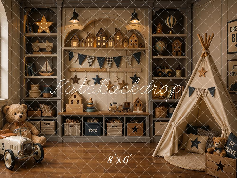 Kate Dreamy Brown Nursery Teepee Toy Room Printed Backdrop Designed by Shutter Swan Studios