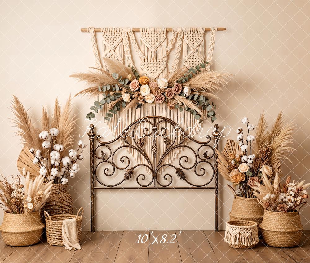 Kate Boho Headboard Macrame Dried Flowers Pampas Grass Beige Backdrop Designed by Emetselch