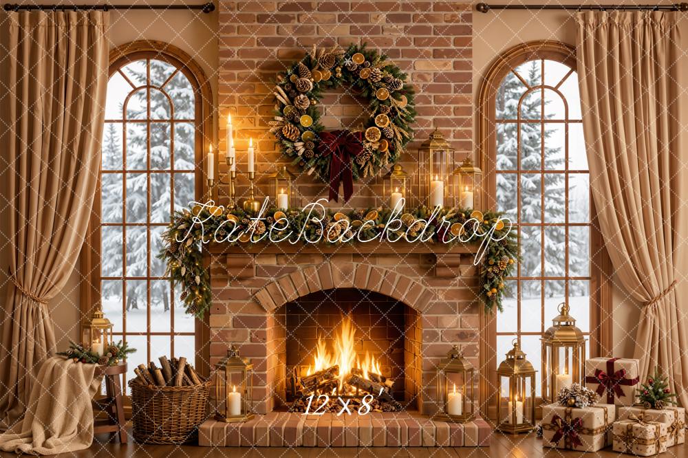 Kate Christmas Fireplace Garland Wreath Brick Wall Printed Backdrop Designed by Emetselch
