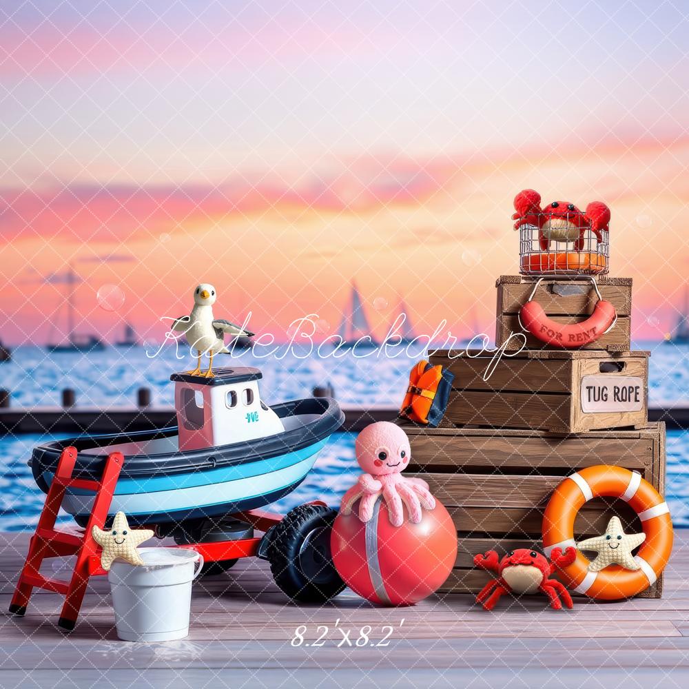 Kate Nautical Tug Boat Cake Smash Sunset Backdrop Designed by Laura Bybee