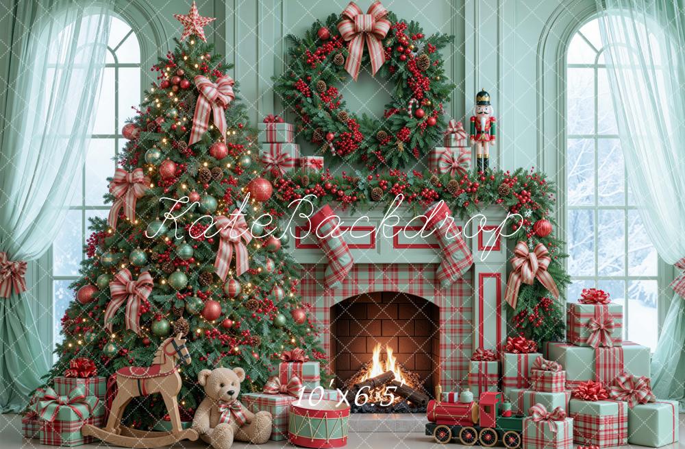 Kate Christmas Tree Fireplace Wreath Nutcracker Plaid Green Printed Backdrop Designed by Mini MakeBelieve