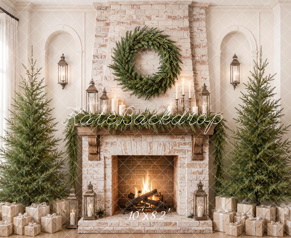 Kate Christmas Fireplace Wreath Evergreen Trees Gifts Printed Backdrop Designed by Emetselch