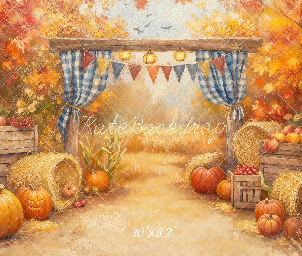 Kate Fall Forest Pumpkins Hay Bales Rustic Arch Leaves Backdrop Designed by GQ