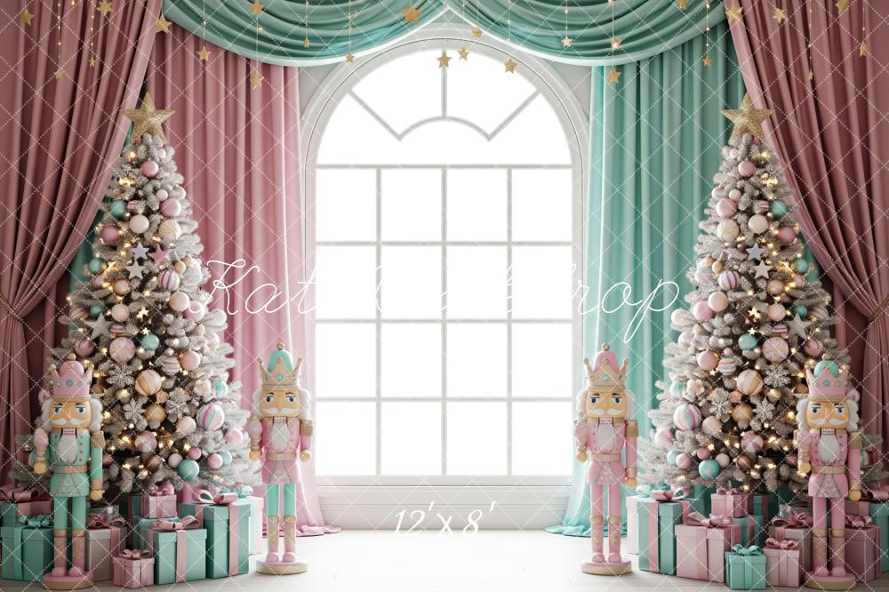 Kate Christmas Nutcracker Pink Teal Christmas Tree Window Curtains Backdrop Designed by Patty Roberts