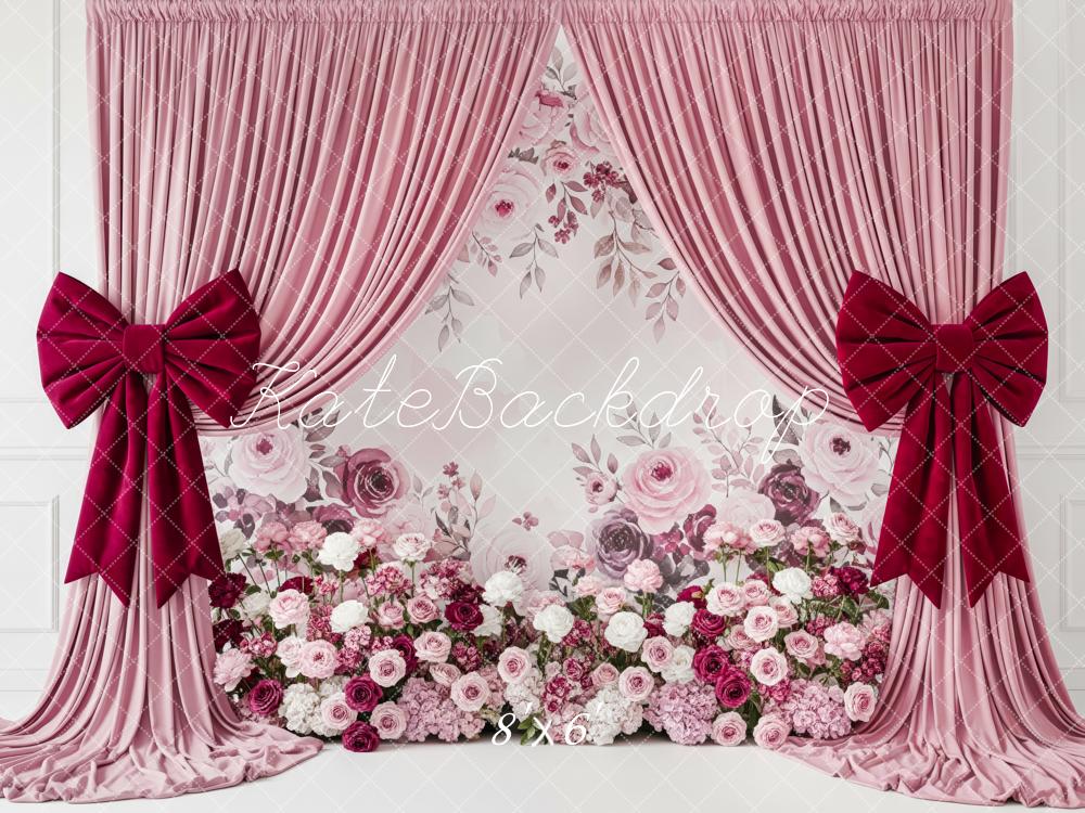 Kate Mother's Day Pink Curtain Floral Wall with Red Bows Backdrop Designed by Patty Roberts