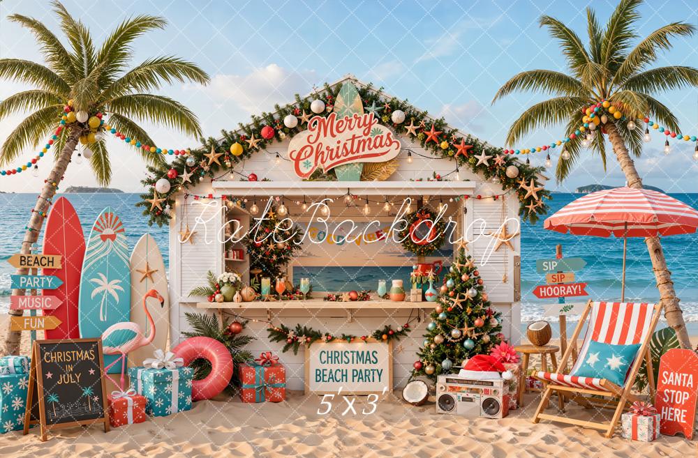 Kate Australian Christmas Beach Party Palm Trees Surfboards Printed Backdrop Designed by Emetselch