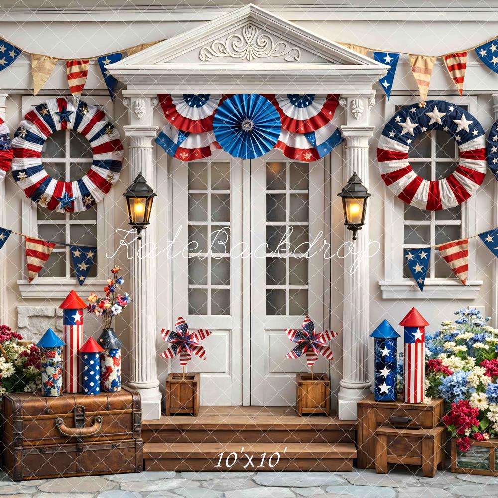 Kate Independence Day Porch Bunting Fireworks American Flags Flowers Printed Backdrop Designed by Mini MakeBelieve