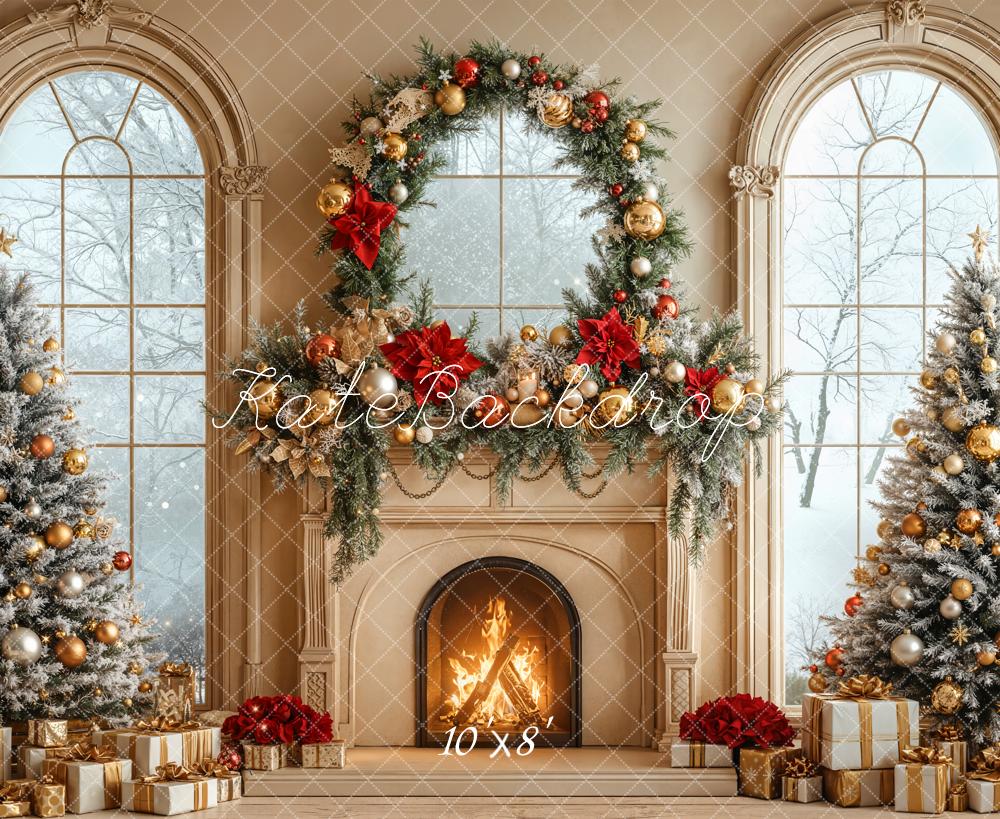 Kate Christmas Fireplace Trees Wreath Gold Window Backdrop Designed by Emetselch