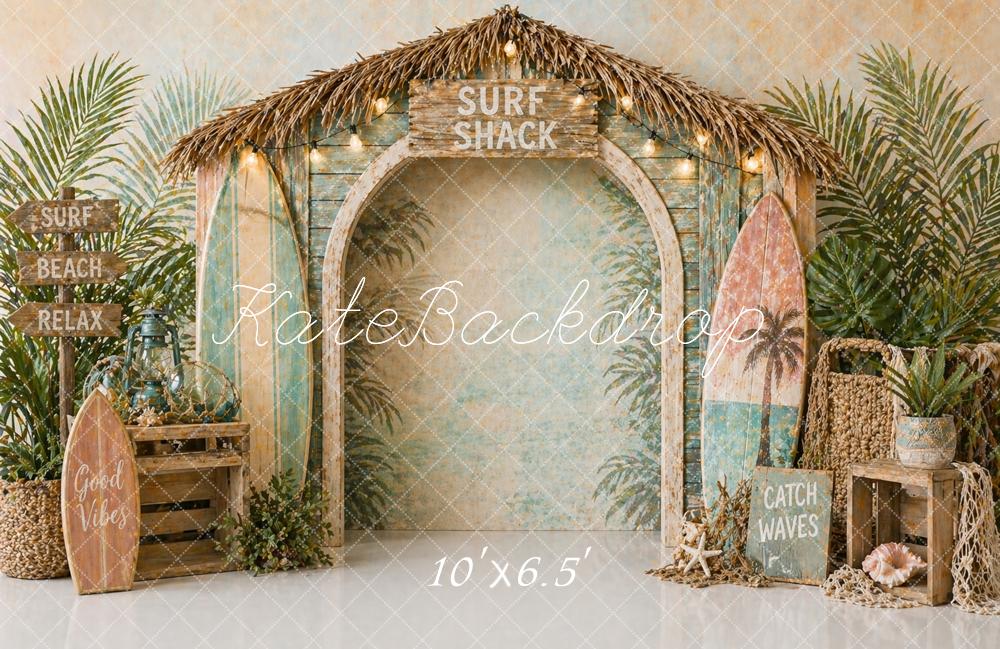 Kate Beach Surf Shack Hut Surfboards Palm Leaves Printed Backdrop Designed by Caitlin Lynch