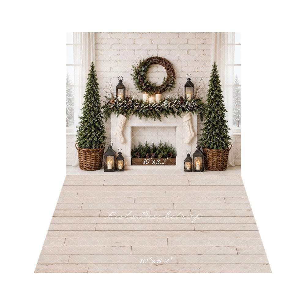 Kate Christmas Fireplace Minimalist Pine Trees Wreath Stockings Lanterns Printed Backdrop+White Retro Wall Planks Printed Backdrop